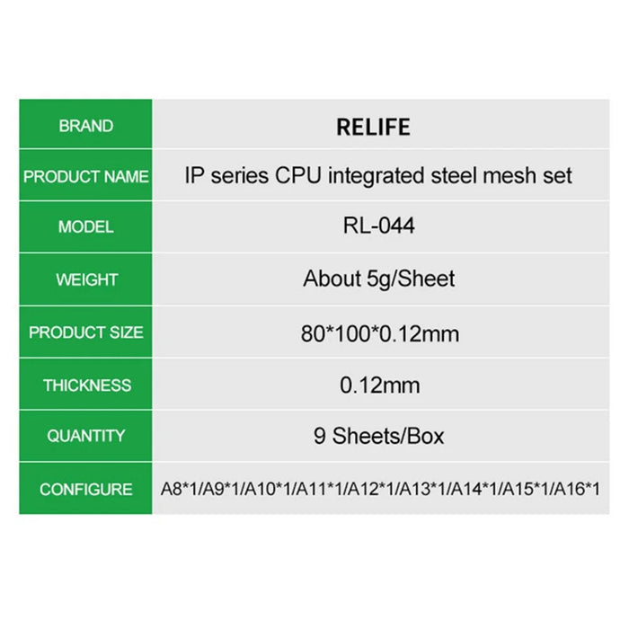 RELIFE RL-044 12Pcs IP Series CPU Integrated Steel Mesh Set iPhone 6-17 Series CPU Tin Planting Kit - 7