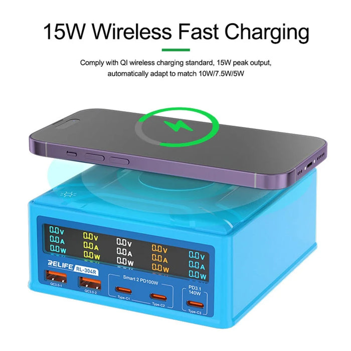 RELIFE RL-304R 260W GAN Charger Multi-Port Flash Charger 15W Wireless Charger with Touch LCD Display - US Plug - 7