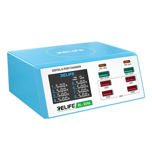 RELIFE RL-309A 8-Port High-Power Fast Charging Station LCD Display Desktop Charger for Cell Phone, Tablets, Laptops - US Plug - 1