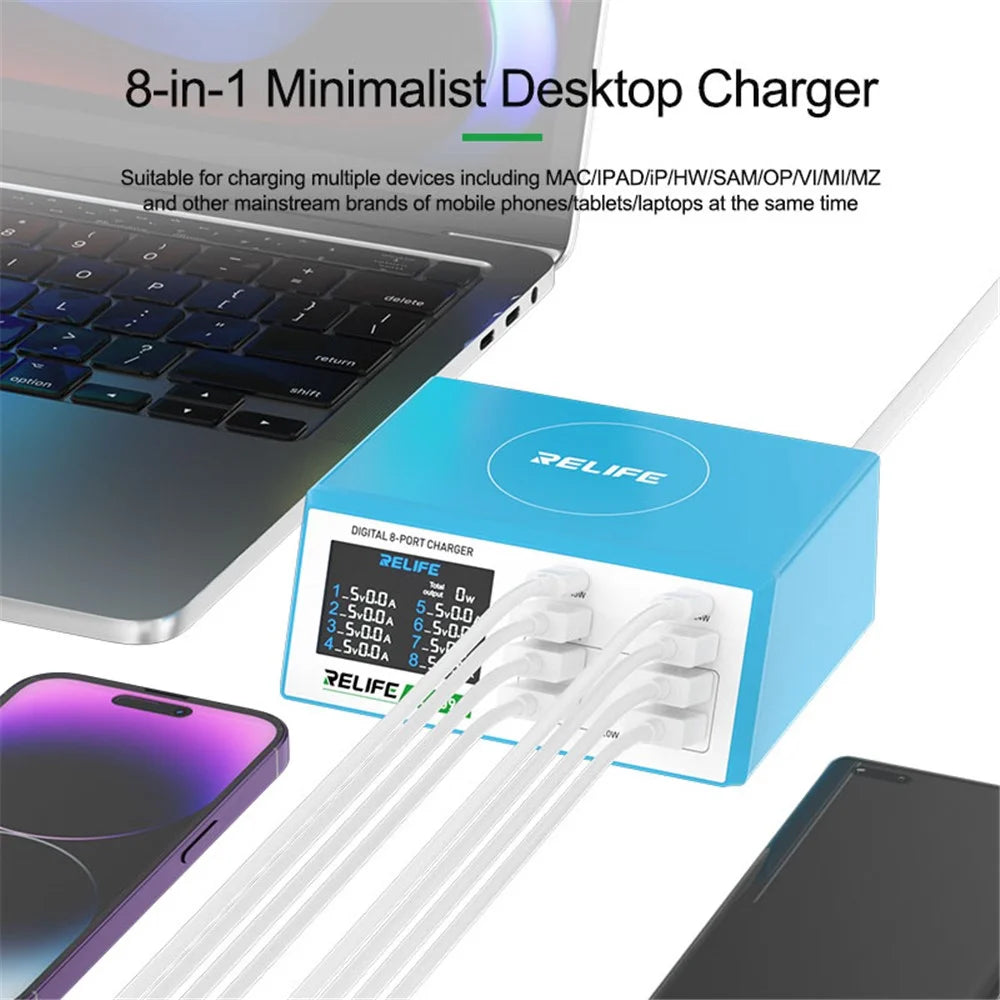 RELIFE RL-309A 8-Port High-Power Fast Charging Station LCD Display Desktop Charger for Cell Phone, Tablets, Laptops - US Plug - 4