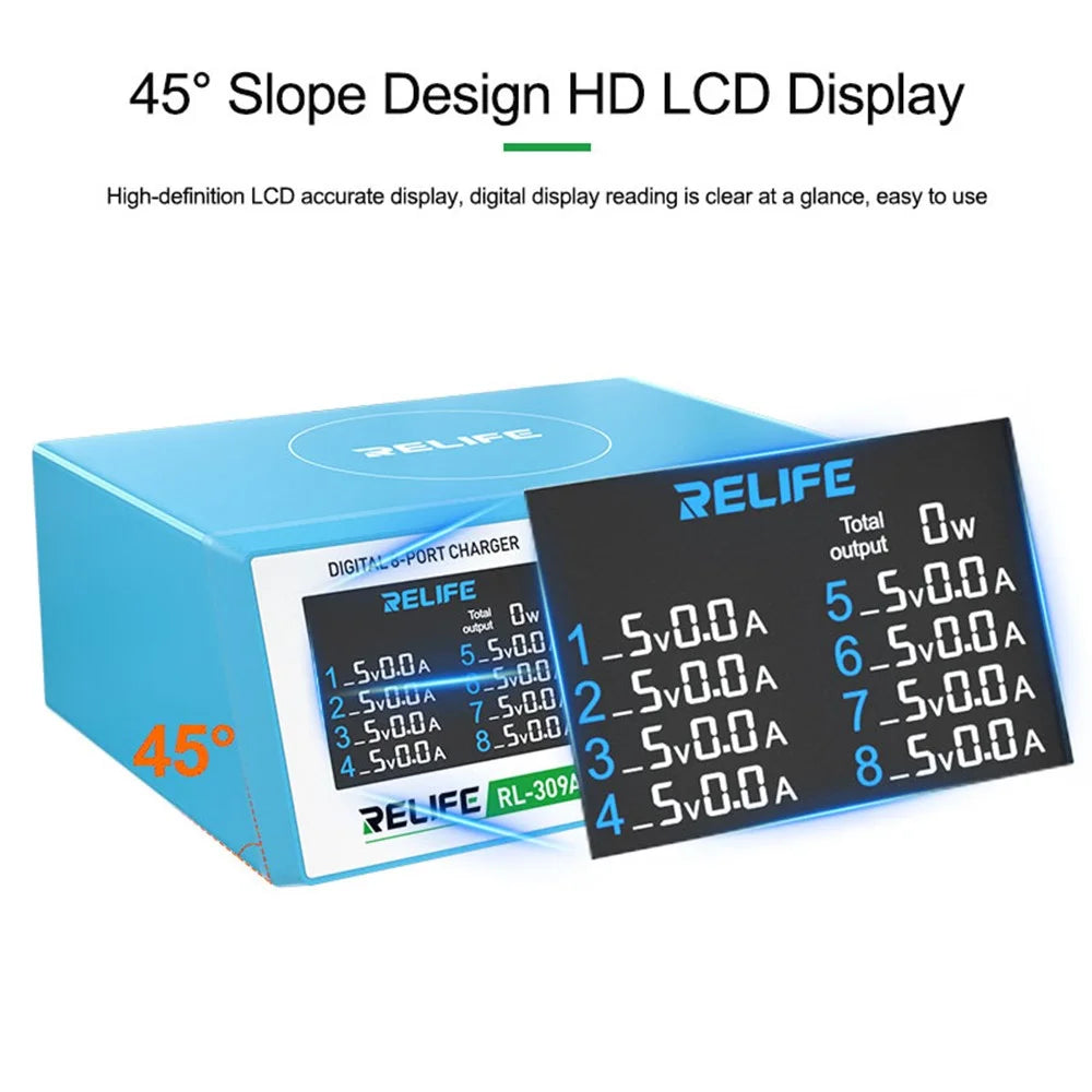 RELIFE RL-309A 8-Port High-Power Fast Charging Station LCD Display Desktop Charger for Cell Phone, Tablets, Laptops - US Plug - 6