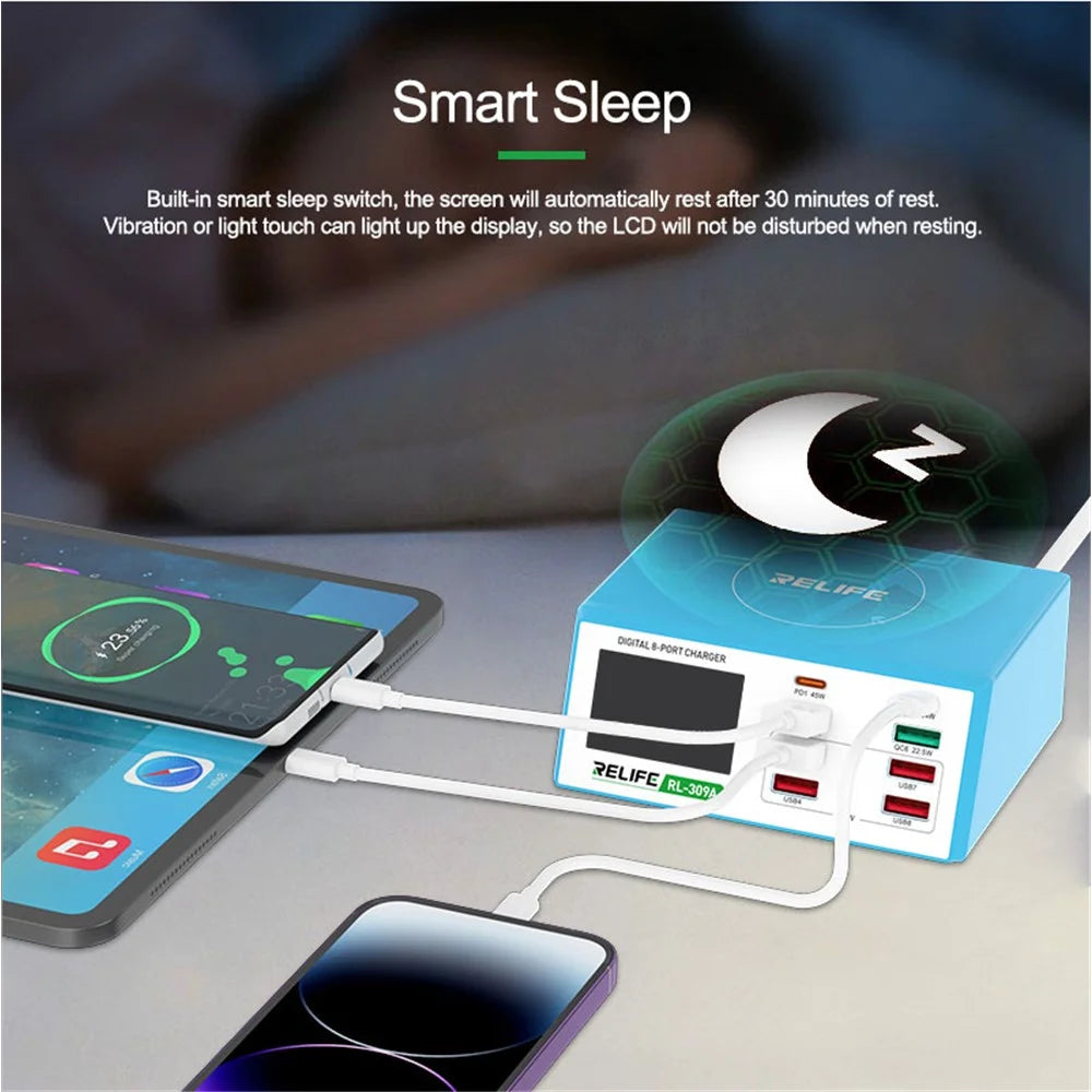 RELIFE RL-309A 8-Port High-Power Fast Charging Station LCD Display Desktop Charger for Cell Phone, Tablets, Laptops - US Plug - 7