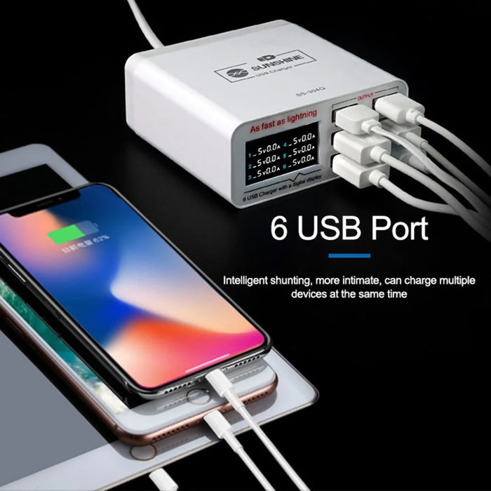 SUNSHINE SSS-304Q 6-Port LCD USB Charger Fast Charging Support Intelligence QC 3.0 - 2