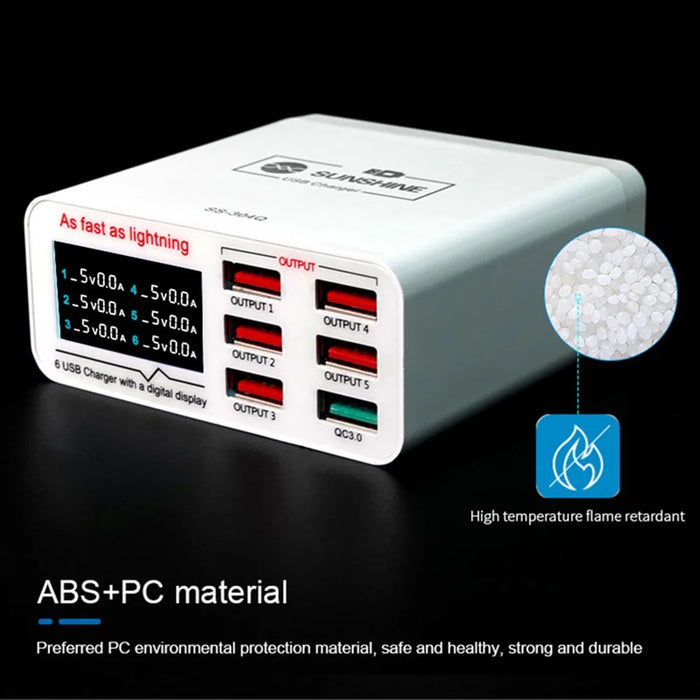 SUNSHINE SSS-304Q 6-Port LCD USB Charger Fast Charging Support Intelligence QC 3.0 - 3