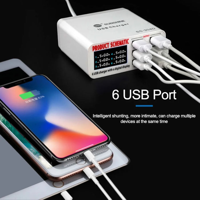 SUNSHINE SSS-304D Universal 6 Ports USB Quick Charger Digital Display Charger for iPhone / iPad Charging Repair Tools - 4