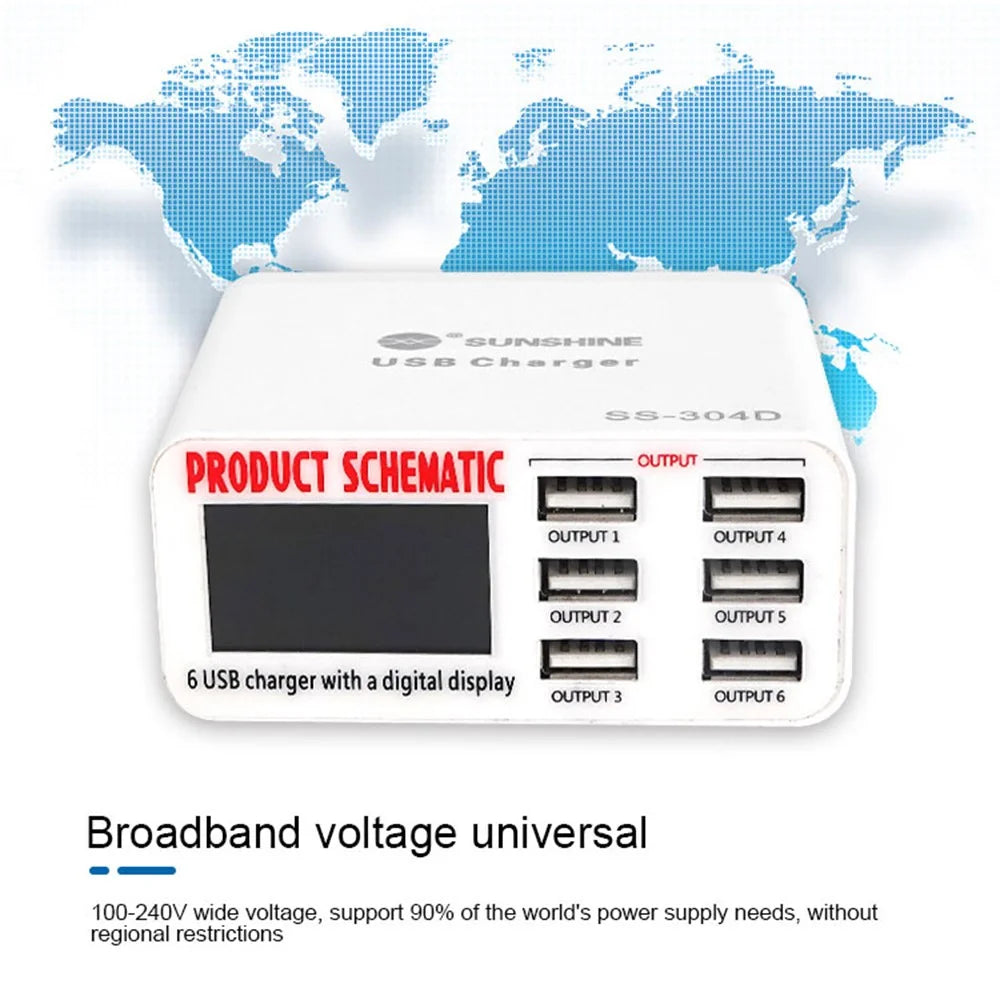 SUNSHINE SSS-304D Universal 6 Ports USB Quick Charger Digital Display Charger for iPhone / iPad Charging Repair Tools - 7
