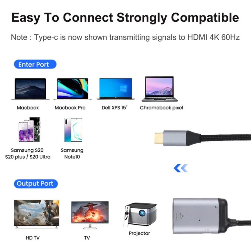 4K 60Hz Type-C to  PD Data Transfer Adapter Cable Male to Female Converter for MacBook Samsung Huawei - 5
