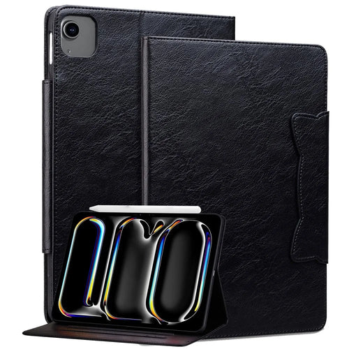 For iPad Air 13 (2026) / (2025) / (2024) Case Viewing Stand PU Leather Tablet Cover Cat-Shaped Magnetic Clasp - Black - 1