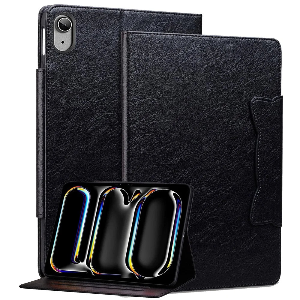 For iPad (2025) / 10.9 (2022) Case Leather Business Folio Tablet Cover Cute Cat-Shaped Magnetic Clasp - Black - 1