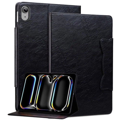 For iPad (2025) / 10.9 (2022) Case Leather Business Folio Tablet Cover Cute Cat-Shaped Magnetic Clasp - Black - 1