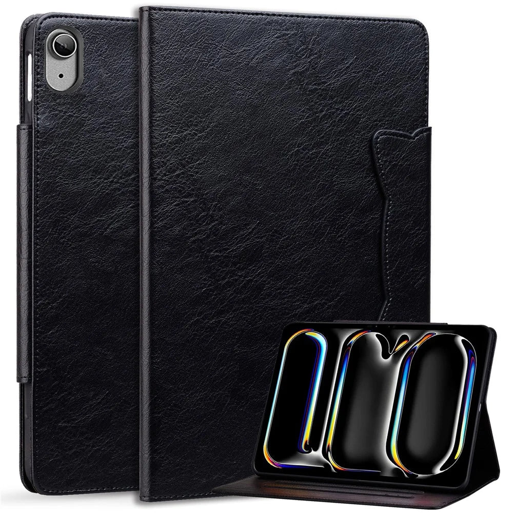 For iPad (2025) / 10.9 (2022) Case Leather Business Folio Tablet Cover Cute Cat-Shaped Magnetic Clasp - Black - 2