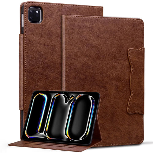 For iPad Pro 11 (2025) / 11 (2024) Case PU Leather Folio Stand Tablet Cover Cat-Shaped Magnetic Clasp - Brown - 1