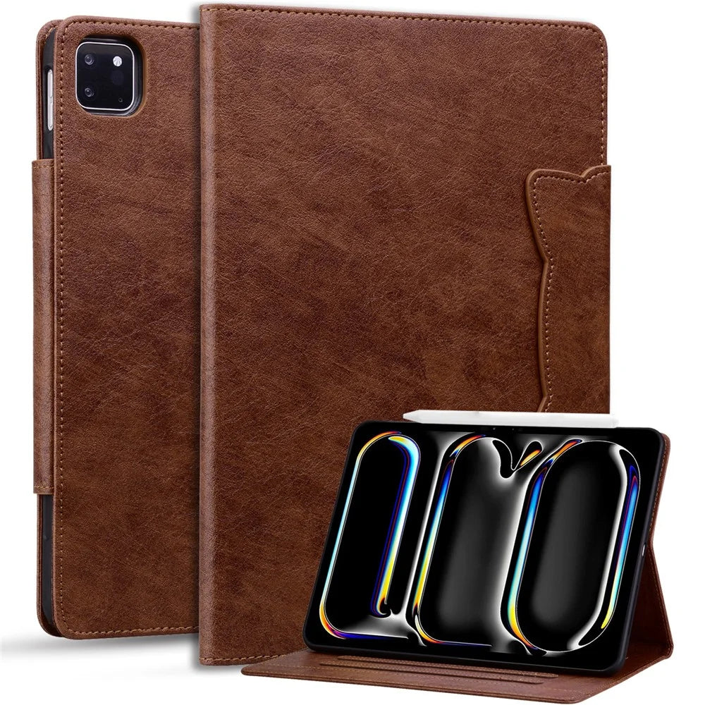 For iPad Pro 11 (2025) / 11 (2024) Case PU Leather Folio Stand Tablet Cover Cat-Shaped Magnetic Clasp - Brown - 2