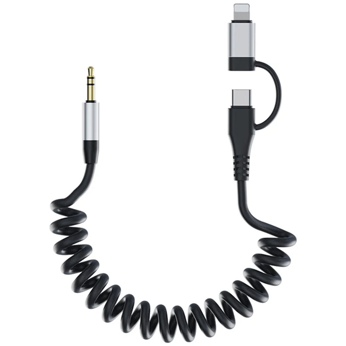 Type-C / 8-Pin Male to 3.5mm Male Spring Audio Cable Wireless Microphone Speaker Connection Cable - Silver - 1