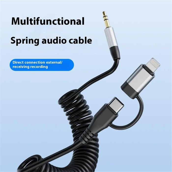 Type-C / 8-Pin Male to 3.5mm Male Spring Audio Cable Wireless Microphone Speaker Connection Cable - Silver - 2