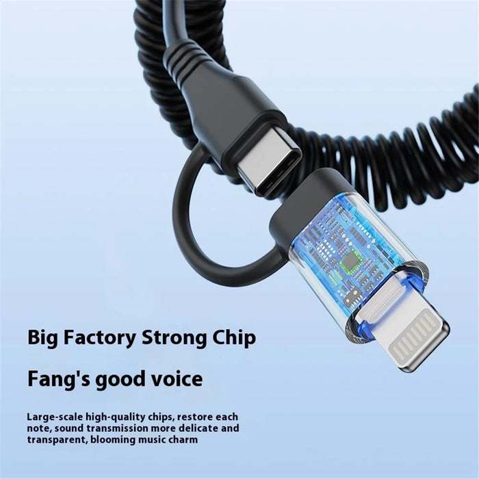 Type-C / 8-Pin Male to 3.5mm Male Spring Audio Cable Wireless Microphone Speaker Connection Cable - Silver - 3