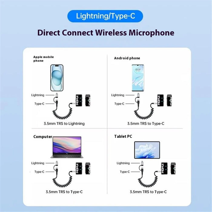Type-C / 8-Pin Male to 3.5mm Male Spring Audio Cable Wireless Microphone Speaker Connection Cable - Silver - 6