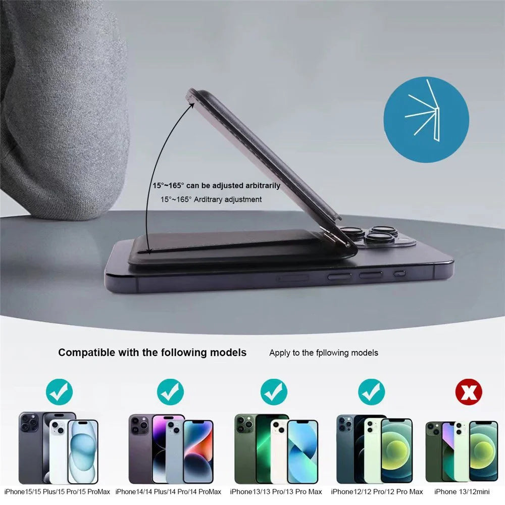 Phone Card Holder for iPhone 12-16 Series PU Leather Folding Kickstand Card Bag - Brown - 2