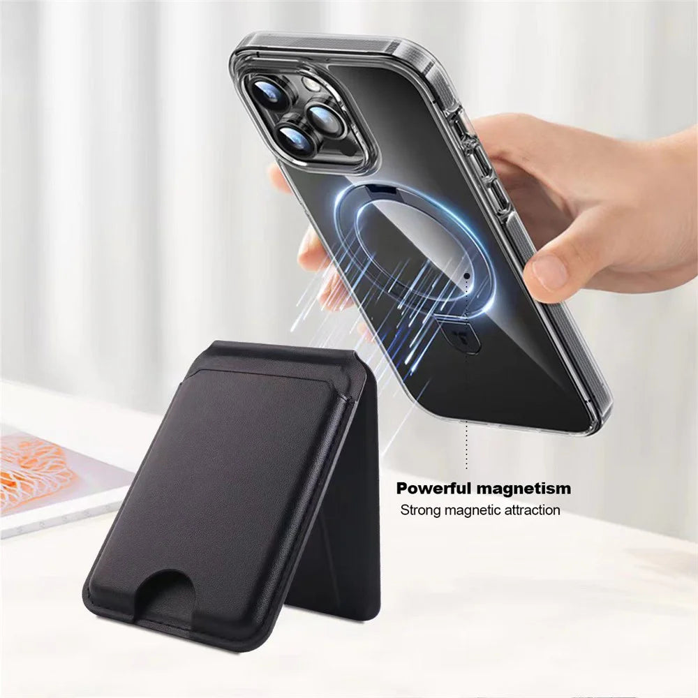 Phone Card Holder for iPhone 12-16 Series PU Leather Folding Kickstand Card Bag - Brown - 4