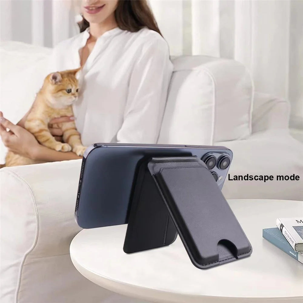 Phone Card Holder for iPhone 12-16 Series PU Leather Folding Kickstand Card Bag - Brown - 5