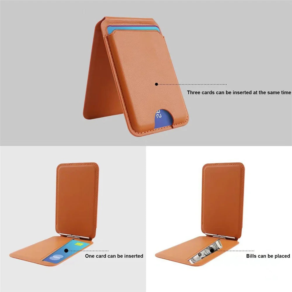 Phone Card Holder for iPhone 12-16 Series PU Leather Folding Kickstand Card Bag - Brown - 6