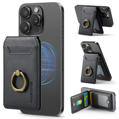 MAGKING K1 Kickstand Magnetic Card Holder RFID Blocking Cell Phone Wallet Built-In Ring - Black - 1