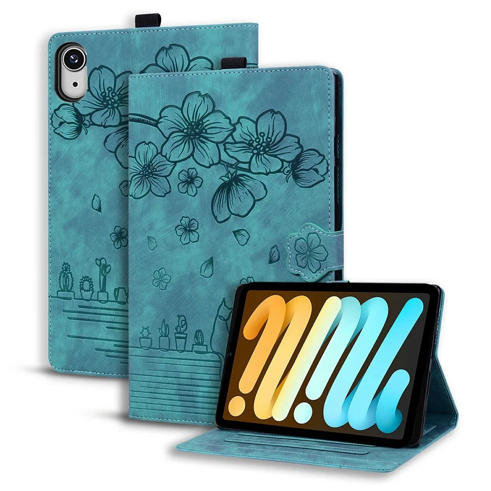 For iPad mini (2024)  /  mini (2021) Case Flip Stand Leather Phone Cover Cherry Blossom Cat Imprinted - Green - 1