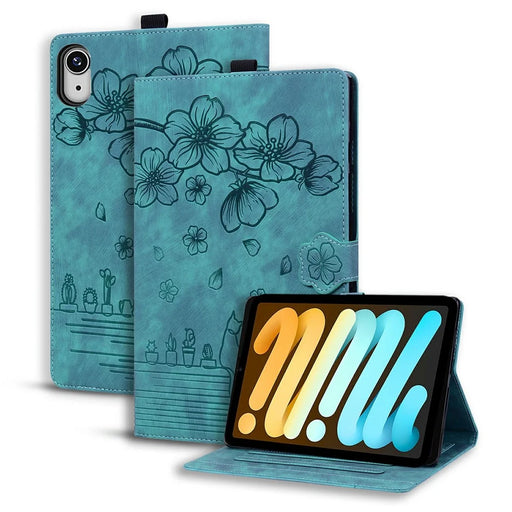 For iPad mini (2024)  /  mini (2021) Case Flip Stand Leather Phone Cover Cherry Blossom Cat Imprinted - Green - 1