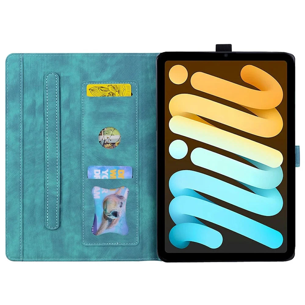 For iPad mini (2024)  /  mini (2021) Case Flip Stand Leather Phone Cover Cherry Blossom Cat Imprinted - Green - 2