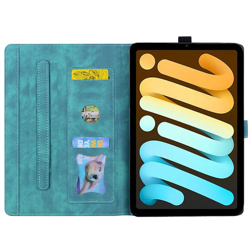 For iPad mini (2024)  /  mini (2021) Case Flip Stand Leather Phone Cover Cherry Blossom Cat Imprinted - Green - 2