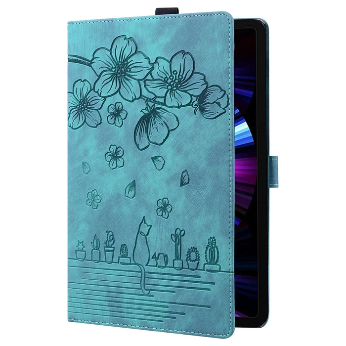 For iPad mini (2024)  /  mini (2021) Case Flip Stand Leather Phone Cover Cherry Blossom Cat Imprinted - Green - 4