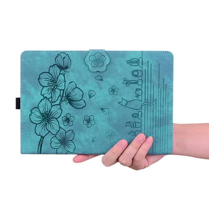 For iPad mini (2024)  /  mini (2021) Case Flip Stand Leather Phone Cover Cherry Blossom Cat Imprinted - Green - 6