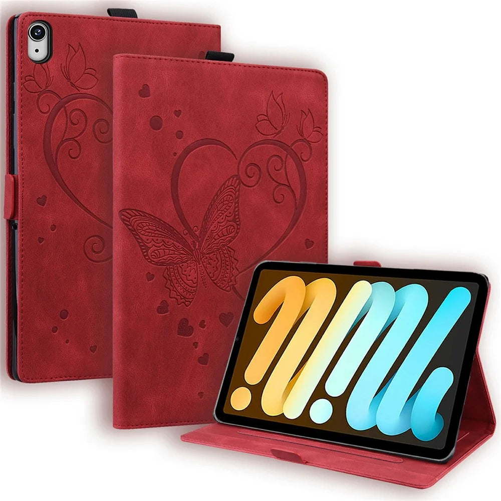 For iPad mini (2024)  /  mini (2021) Leather Case Imprinted Butterfly Tablet Cover Stand Card Slot - Red - 1