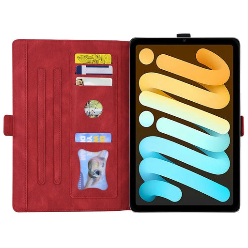 For iPad mini (2024)  /  mini (2021) Leather Case Imprinted Butterfly Tablet Cover Stand Card Slot - Red - 2
