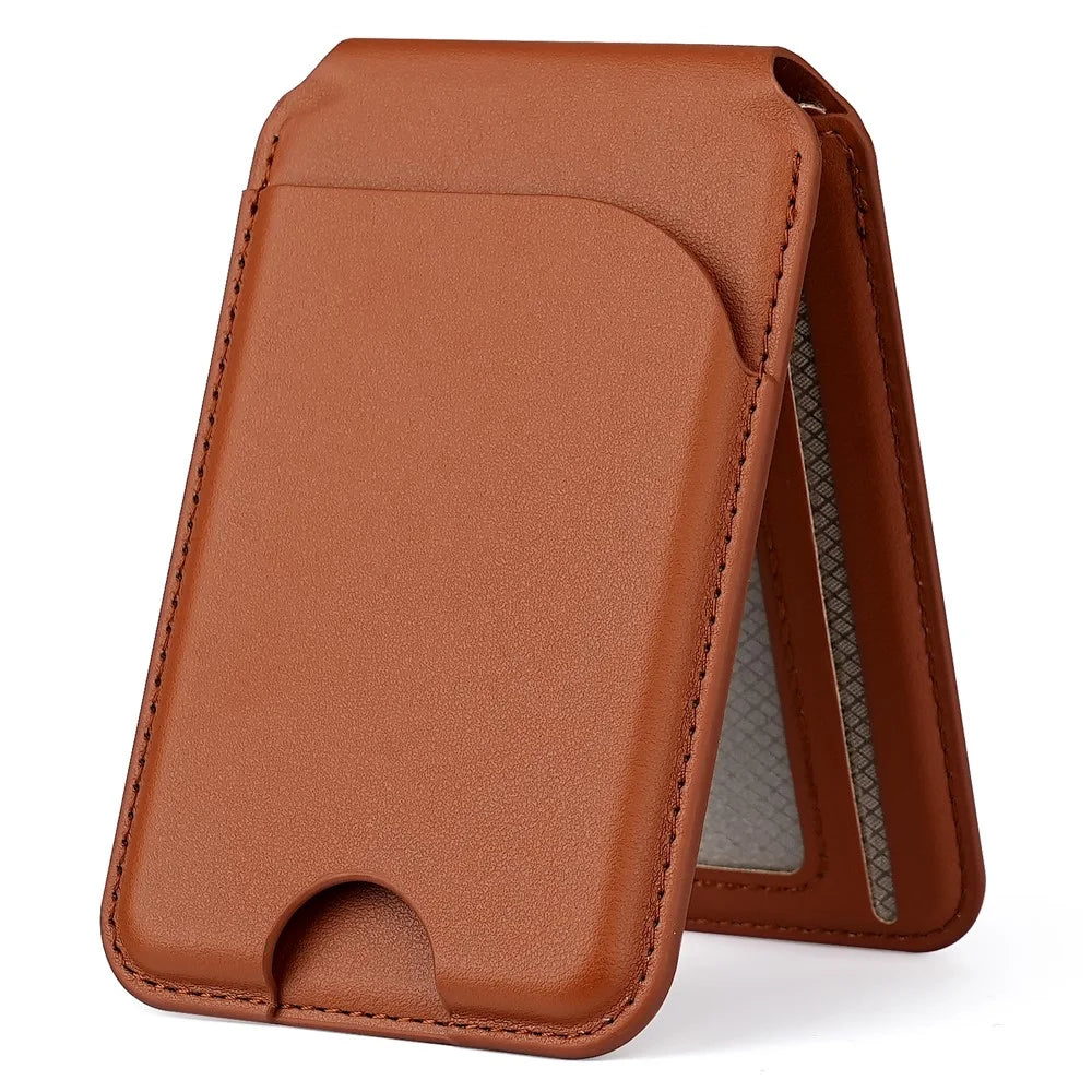 PU Leather Magnetic Card Holder Bi-Fold Phone Card Bag with Kickstand Function - Brown - 1
