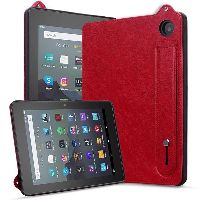 For Amazon Fire HD 8 (2024) / (2020) Case Hand Strap Kickstand Leather Tablet Cover - Red - 5