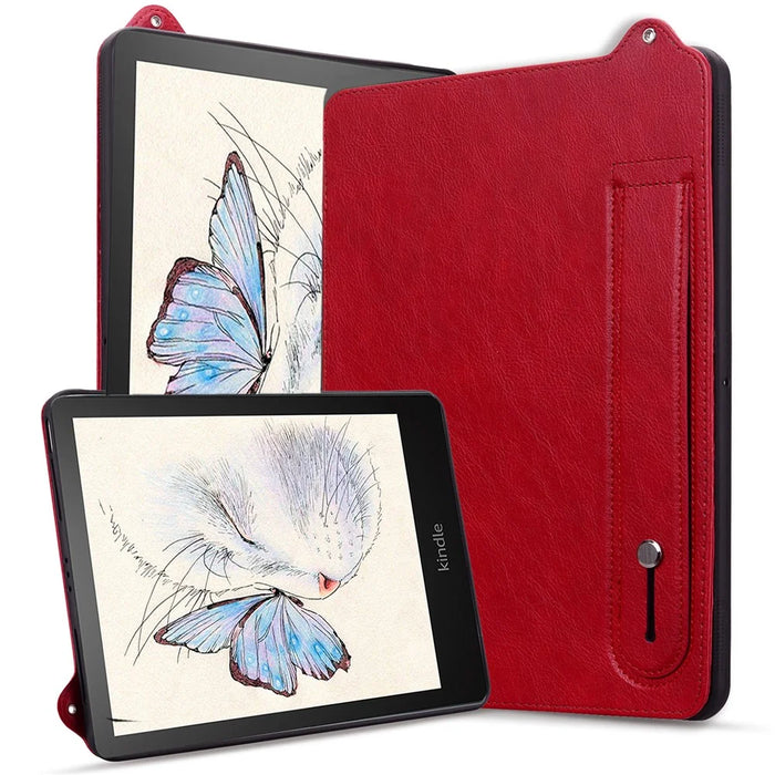For Amazon Kindle Paperwhite (2024) Case with Hand Strap Kickstand Leather Tablet Cover - Red - 5