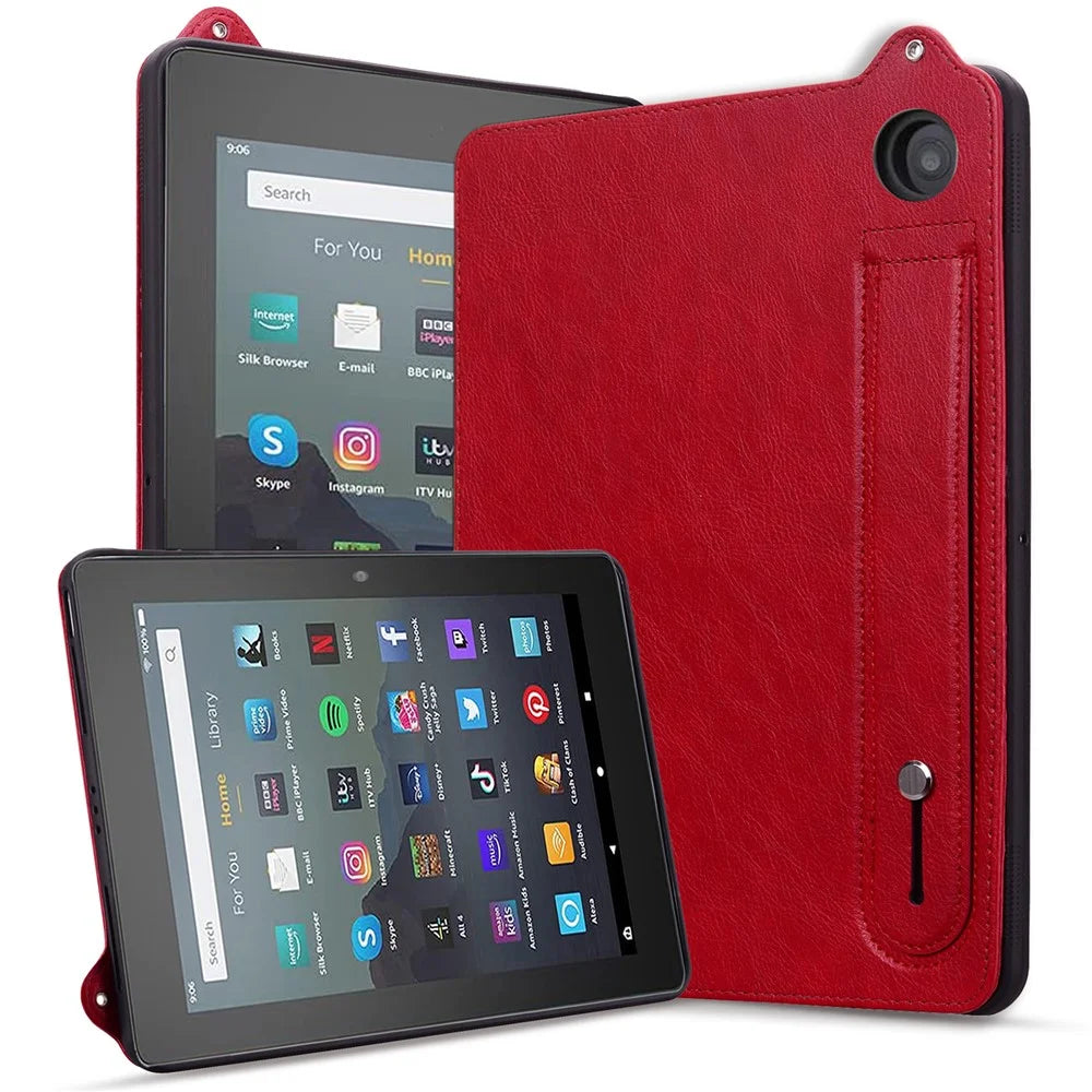 For Amazon Fire 7 (2022) Case Hand Strap Kickstand Leather Tablet Cover - Red - 5