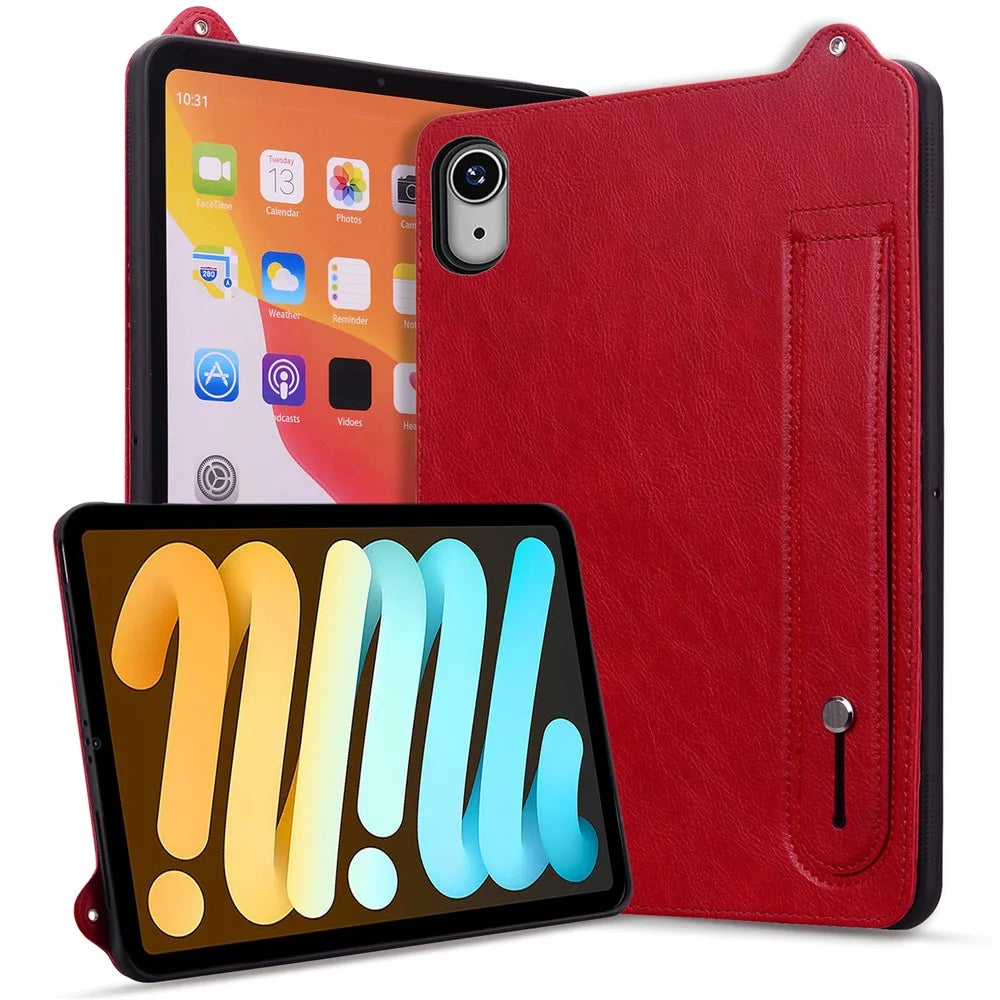 For iPad mini (2024) (A2996 A2995) / mini (2021) (A2568) Case Hand Strap Kickstand Leather Tablet Cover - Red - 5