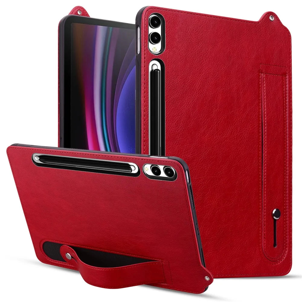 Tablet Case For Samsung Galaxy Tab S10+ / S9+ / S8+ / S7+ Hand Strap Kickstand Leather Cover - Red - 1
