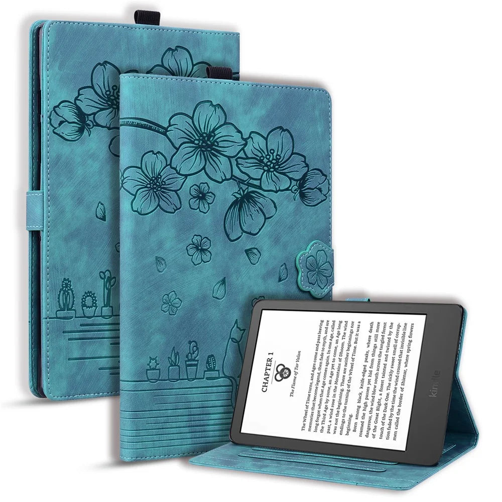 For Amazon Kindle Paperwhite (2024) Case Flip Stand Leather Tablet Cover Cherry Blossom Cat Imprinted - Green - 1