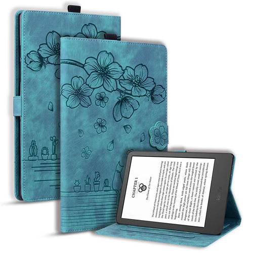 For Amazon Kindle Paperwhite (2024) Case Flip Stand Leather Tablet Cover Cherry Blossom Cat Imprinted - Green - 1