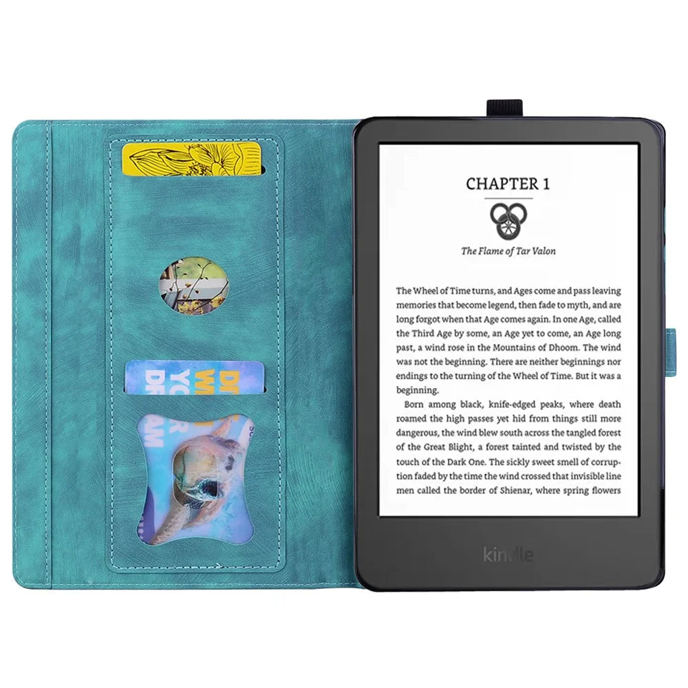 For Amazon Kindle Paperwhite (2024) Case Flip Stand Leather Tablet Cover Cherry Blossom Cat Imprinted - Green - 2
