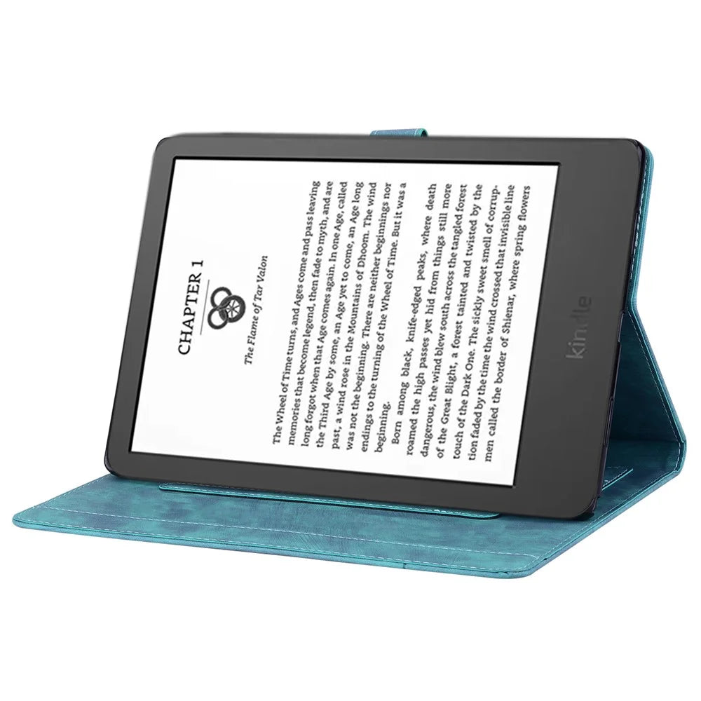 For Amazon Kindle Paperwhite (2024) Case Flip Stand Leather Tablet Cover Cherry Blossom Cat Imprinted - Green - 3