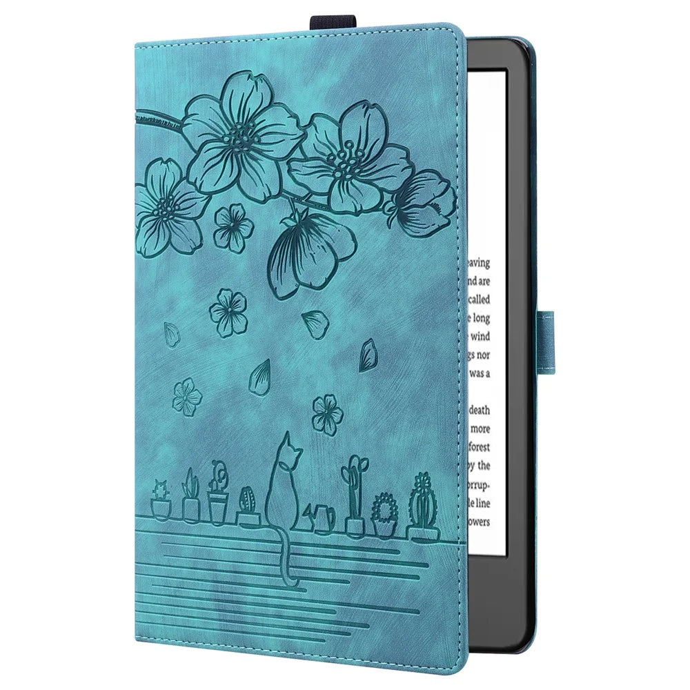 For Amazon Kindle Paperwhite (2024) Case Flip Stand Leather Tablet Cover Cherry Blossom Cat Imprinted - Green - 4