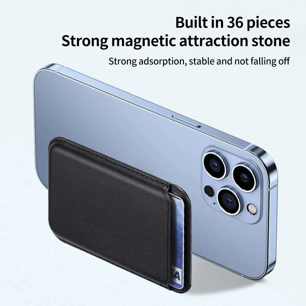 Double Ring Magnetic Card Holder for iPhone 12-16 Series PU Leather Slim Attachment - Black - 3