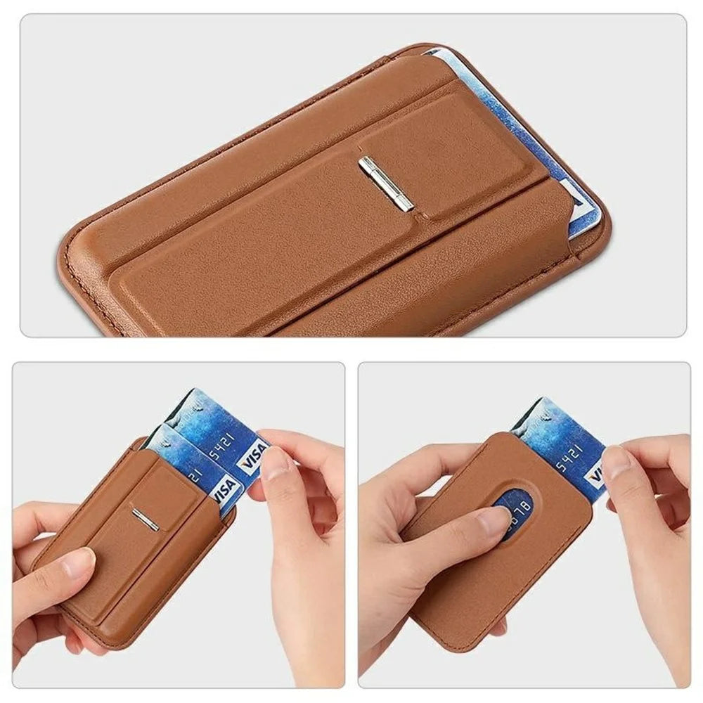 Leather Magnetic Card Holder Kickstand Combo Multi Card Slots For iPhone Series - Brown - 5