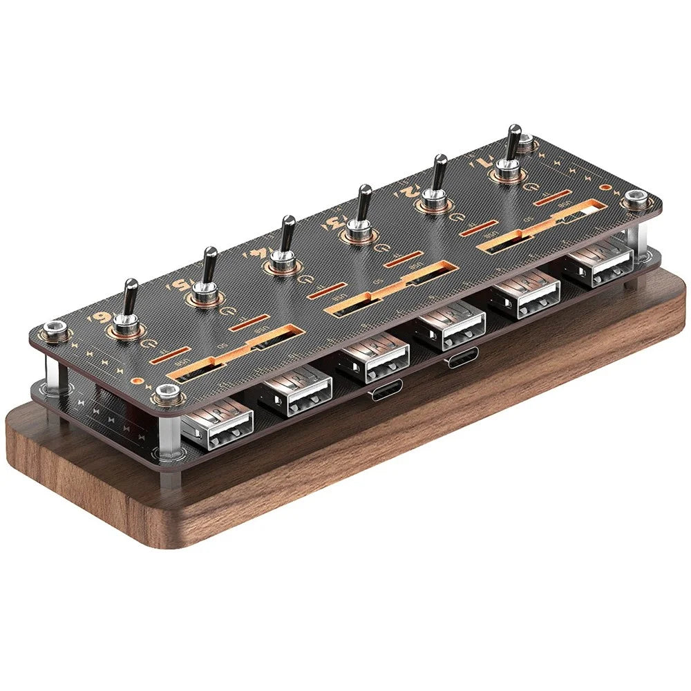 AODUKE Cyberpunk Style Walnut 6-Port USB 2.0 Hub with Independent Switches SD TF Card Storage Rack - 1