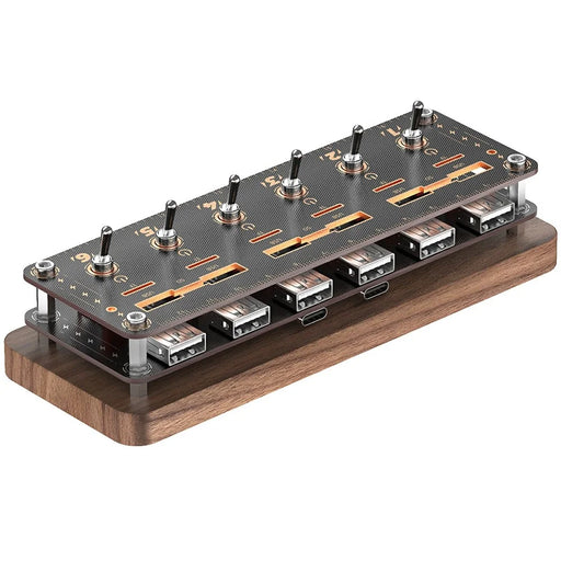 AODUKE Cyberpunk Style Walnut 6-Port USB 2.0 Hub with Independent Switches SD TF Card Storage Rack - 1