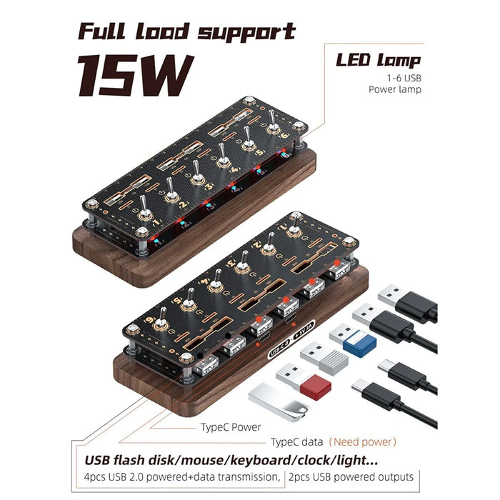 AODUKE Cyberpunk Style Walnut 6-Port USB 2.0 Hub with Independent Switches SD TF Card Storage Rack - 4